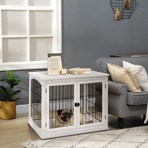 PawHut Dog Kennel End Table – 2-in-1 Furniture with Lockable Door, Pure White