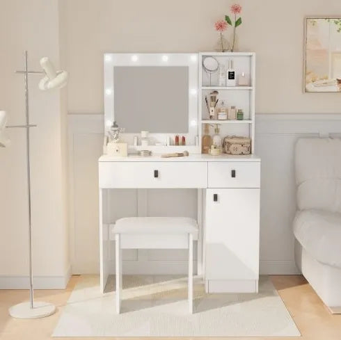 Vanity Desk with LED Mirror & Lights – 3-Brightness Makeup Table with Drawers, White