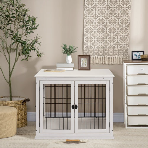 PawHut Dog Kennel End Table – 2-in-1 Furniture with Lockable Door, Pure White