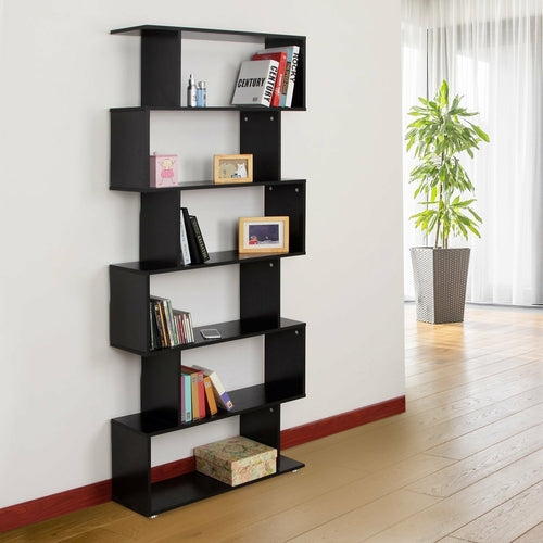 HOMCOM S-Shape Bookcase – 6-Tier Wooden Display Shelf, Black