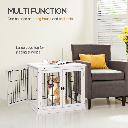 PawHut Dog Kennel End Table – 2-in-1 Furniture with Lockable Door, Pure White