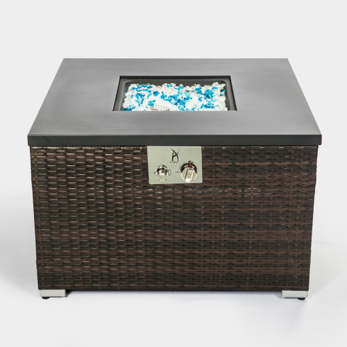 Outdoor Square Gas Fire Pit Table – 40,000 BTU, Dark Brown Wicker & Steel