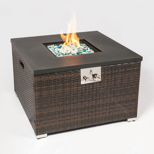 Outdoor Square Gas Fire Pit Table – 40,000 BTU, Dark Brown Wicker & Steel