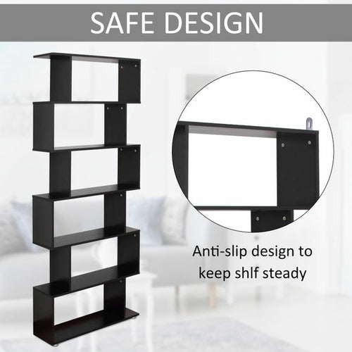 HOMCOM S-Shape Bookcase – 6-Tier Wooden Display Shelf, Black