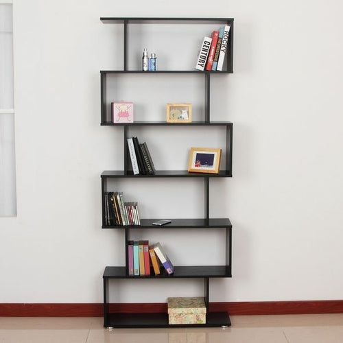 HOMCOM S-Shape Bookcase – 6-Tier Wooden Display Shelf, Black