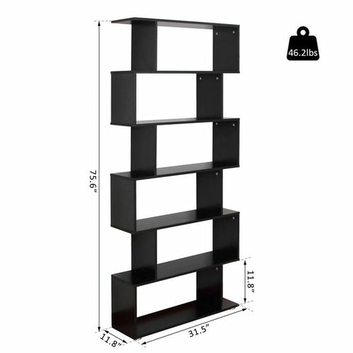HOMCOM S-Shape Bookcase – 6-Tier Wooden Display Shelf, Black