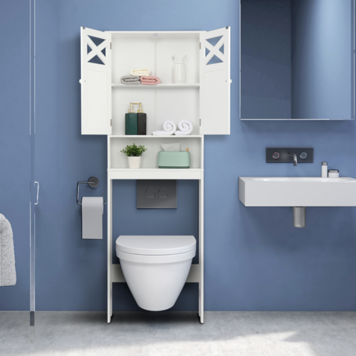 Bathroom Over-Toilet Storage Cabinet – Double Door, Adjustable Shelves, White MDF