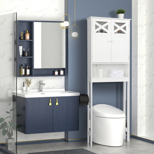 Bathroom Over-Toilet Storage Cabinet – Double Door, Adjustable Shelves, White MDF
