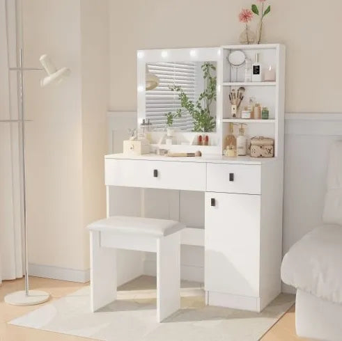 Vanity Desk with LED Mirror & Lights – 3-Brightness Makeup Table with Drawers, White