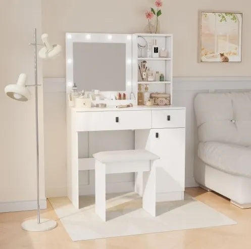 Vanity Desk with LED Mirror & Lights – 3-Brightness Makeup Table with Drawers, White