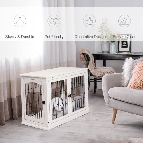 PawHut Dog Kennel End Table – 2-in-1 Furniture with Lockable Door, Pure White